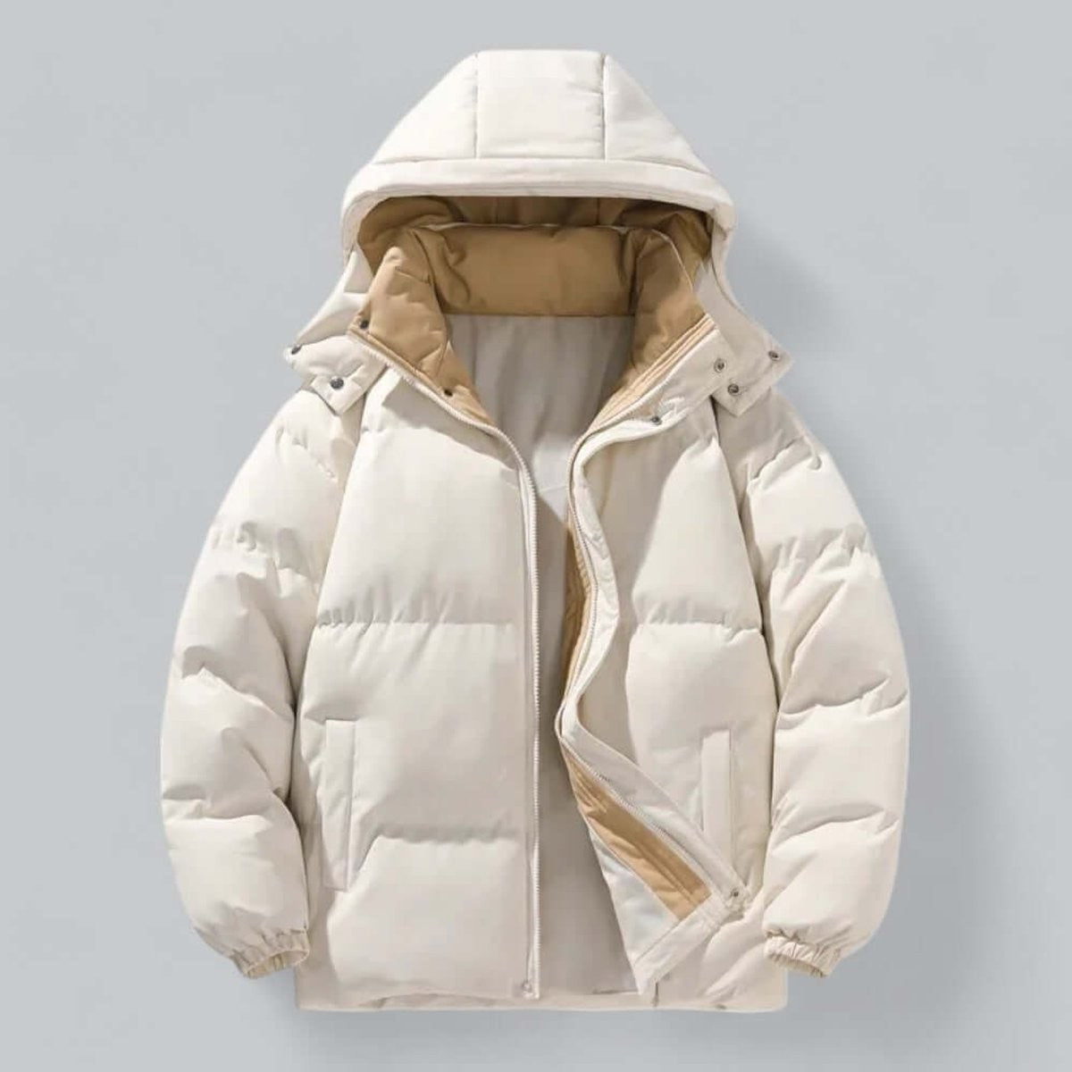 Cream hooded puffer jacket featuring contrasting tan inner lining
