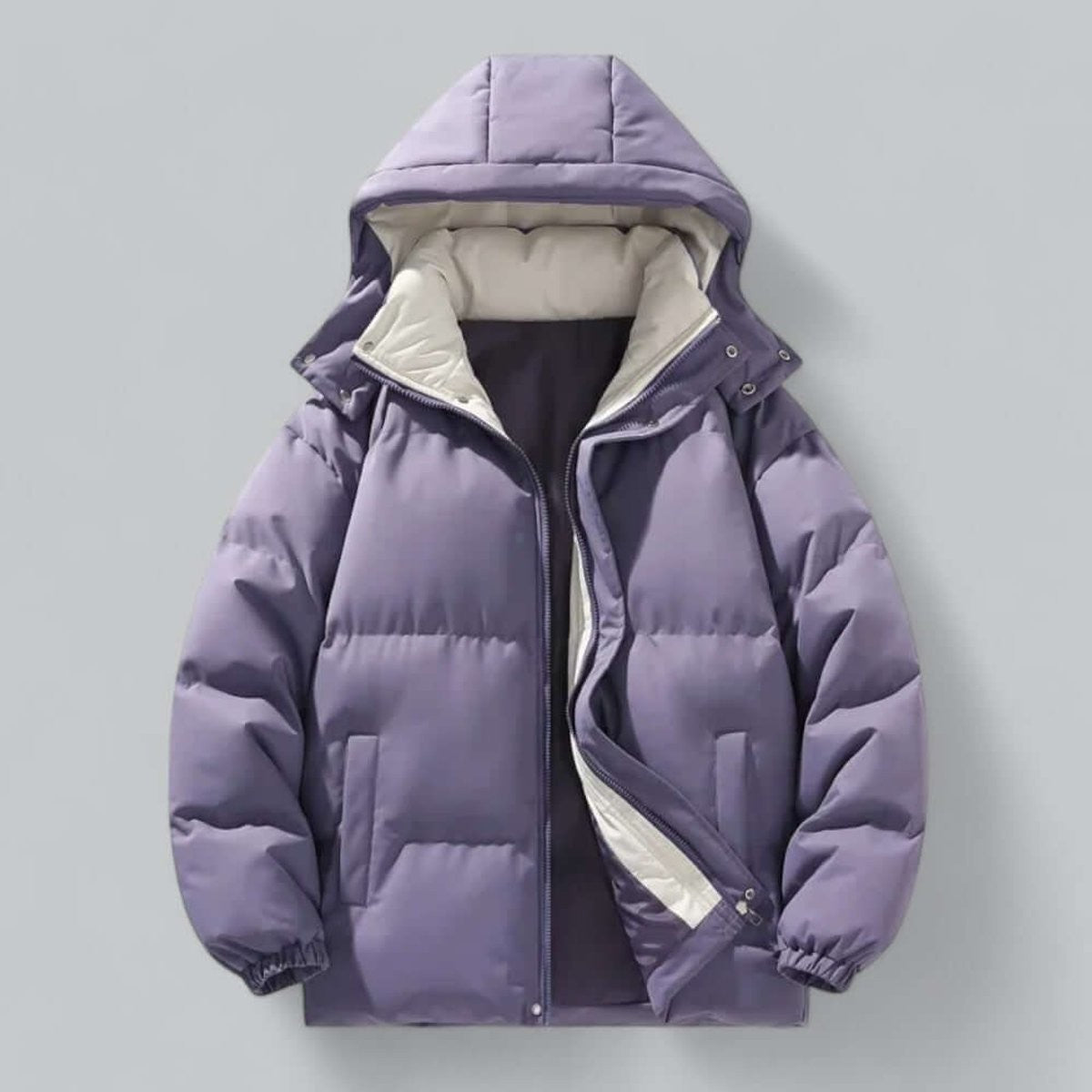 Purple quilted puffer jacket with beige hood lining and zip front
