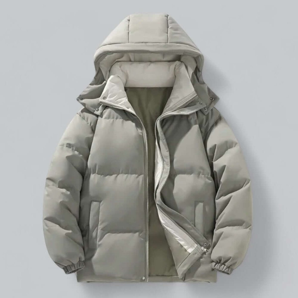 Grey hooded puffer bomber jacket with khaki interior and elasticated cuffs