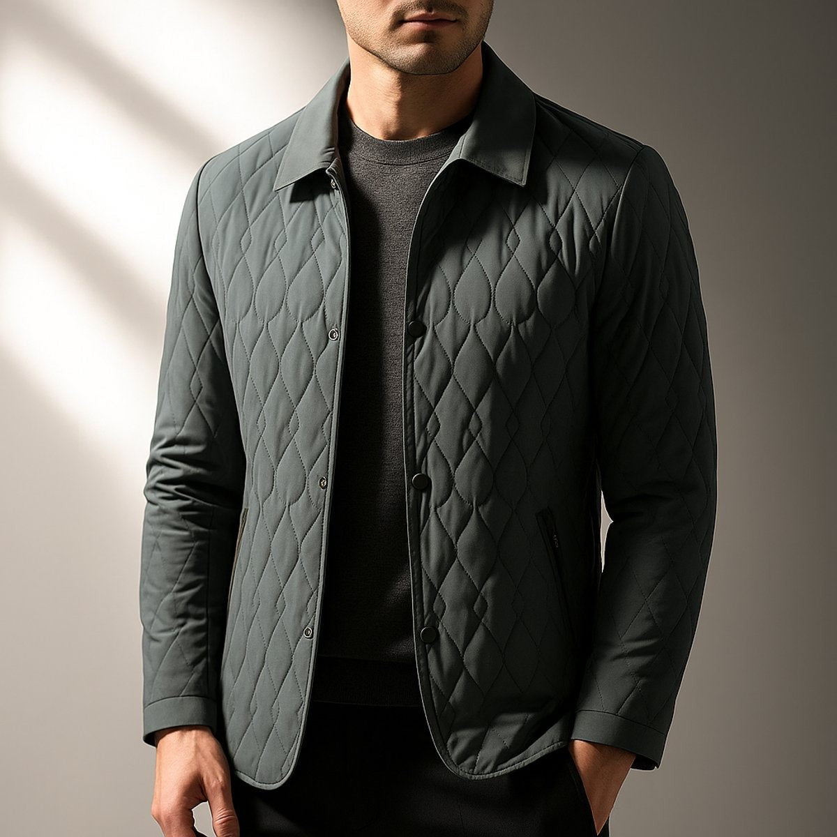 Man wearing sage green quilted bomber jacket with button-front collar detailing