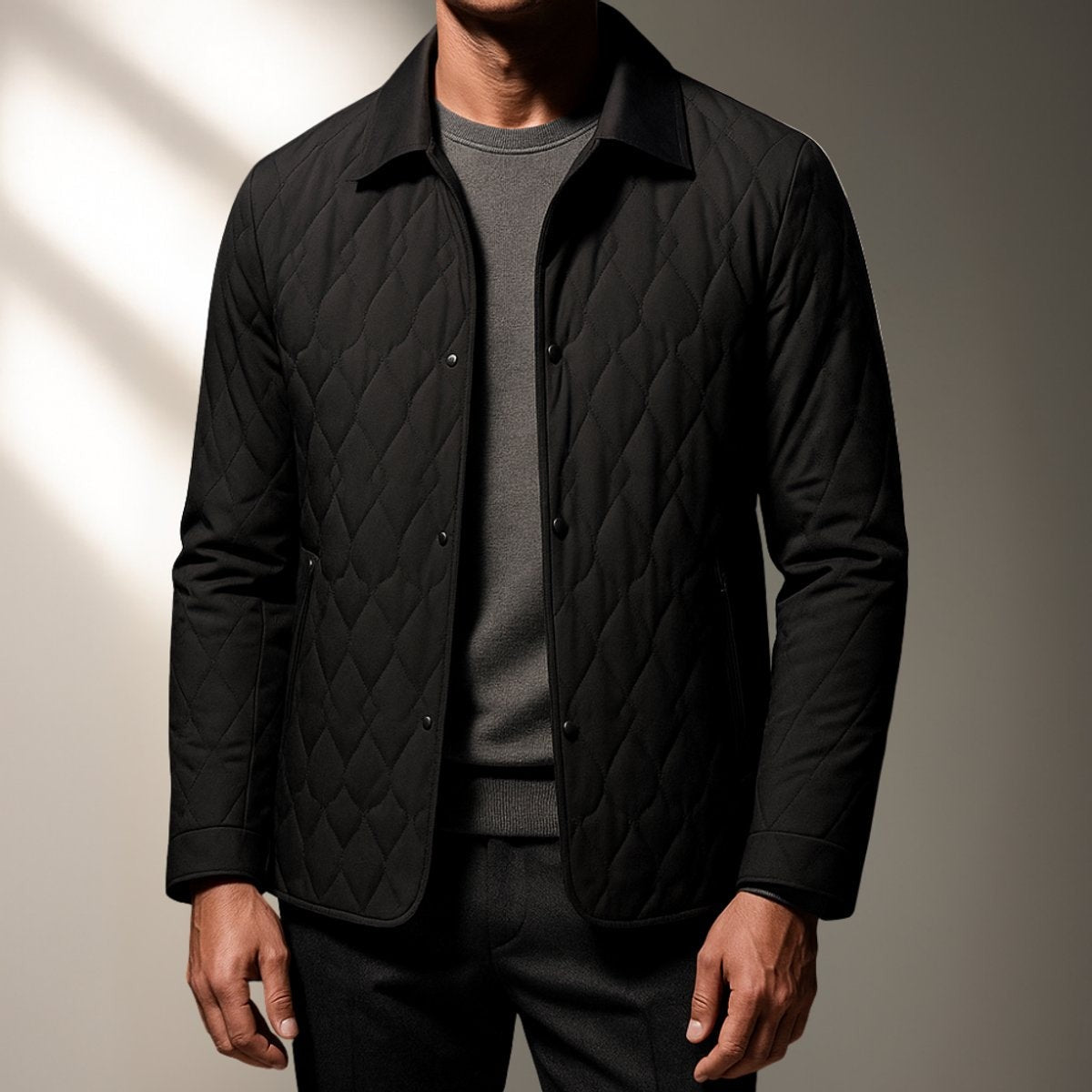 Man wearing black quilted lightweight coat with buttoned front closure