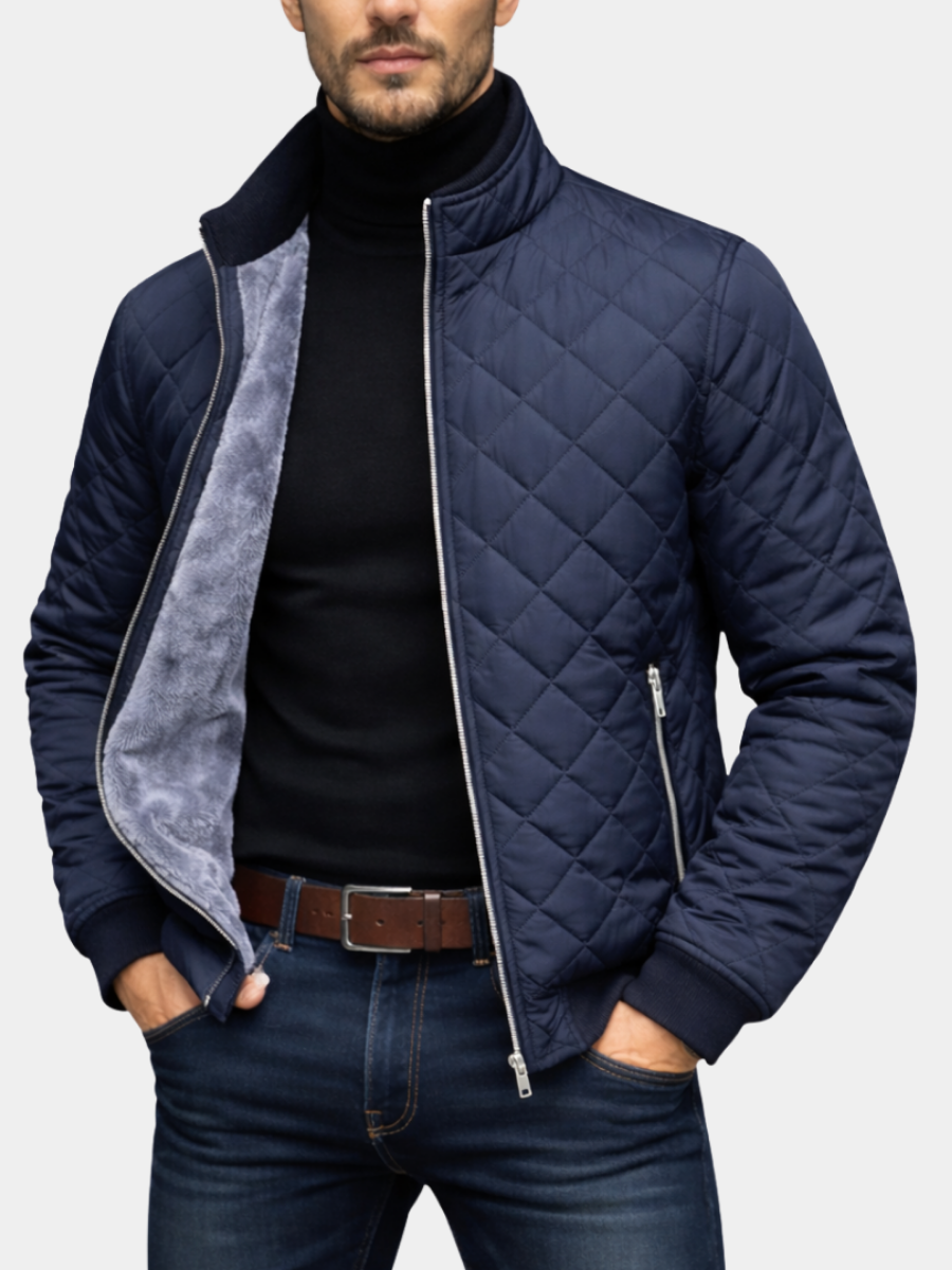 Navy quilted men's jacket with faux fur lining and stand collar