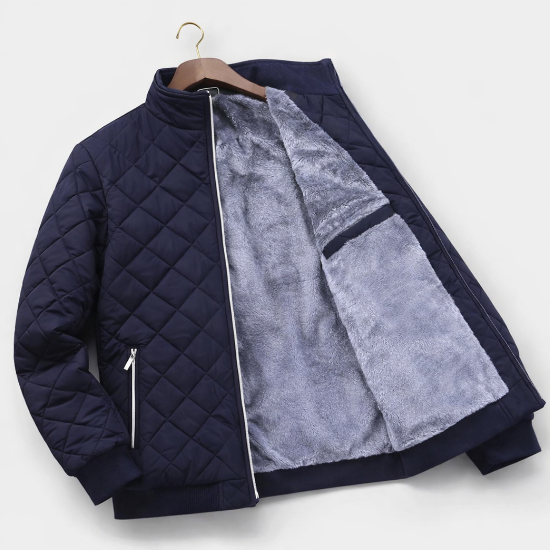 Navy quilted jacket on hanger showing plush grey fur lining