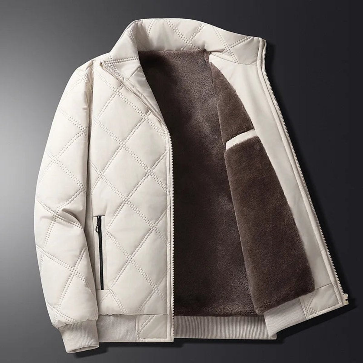 Cream diamond-quilted bomber jacket with fleece lining and stand collar