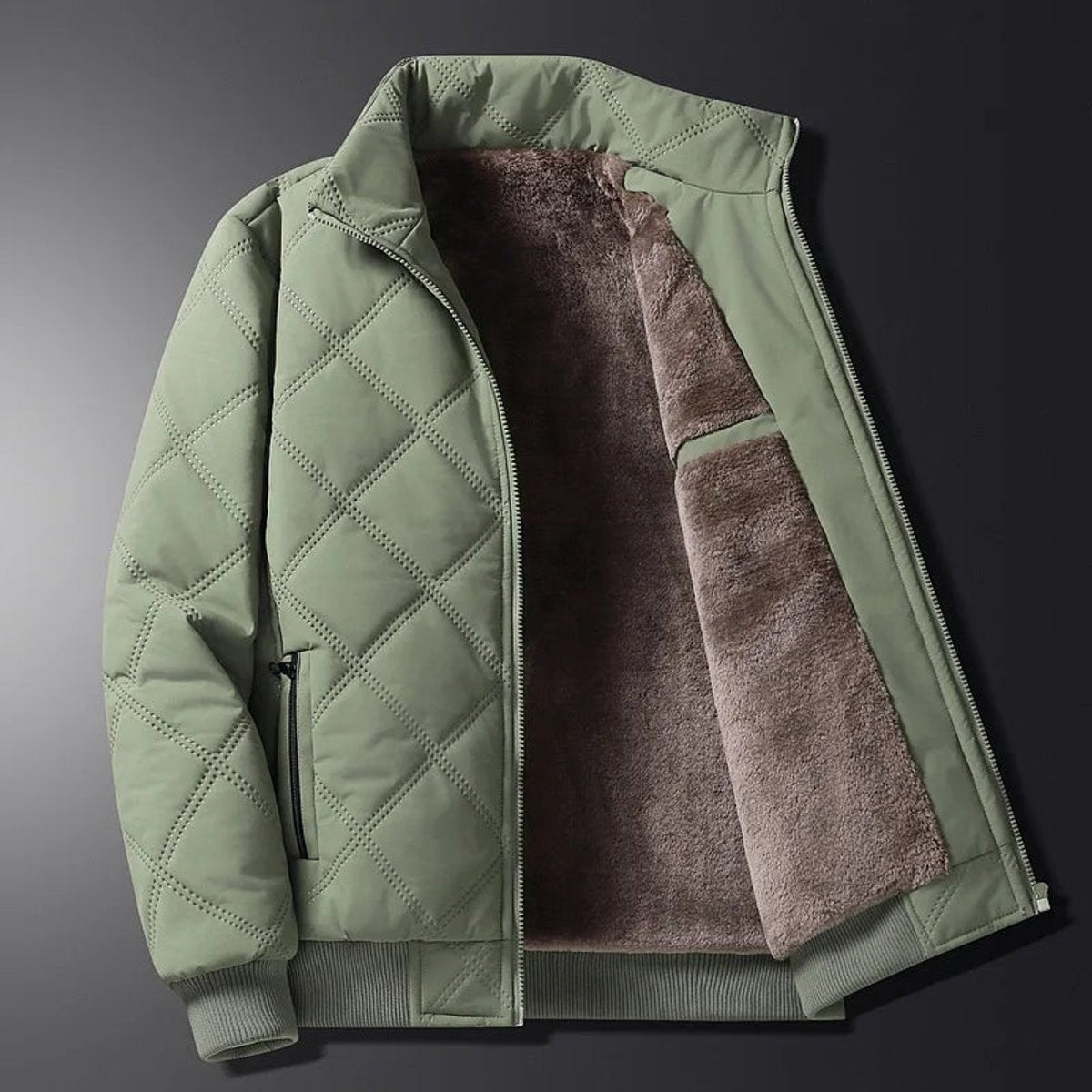 Sage green quilted bomber jacket showing plush brown fleece interior