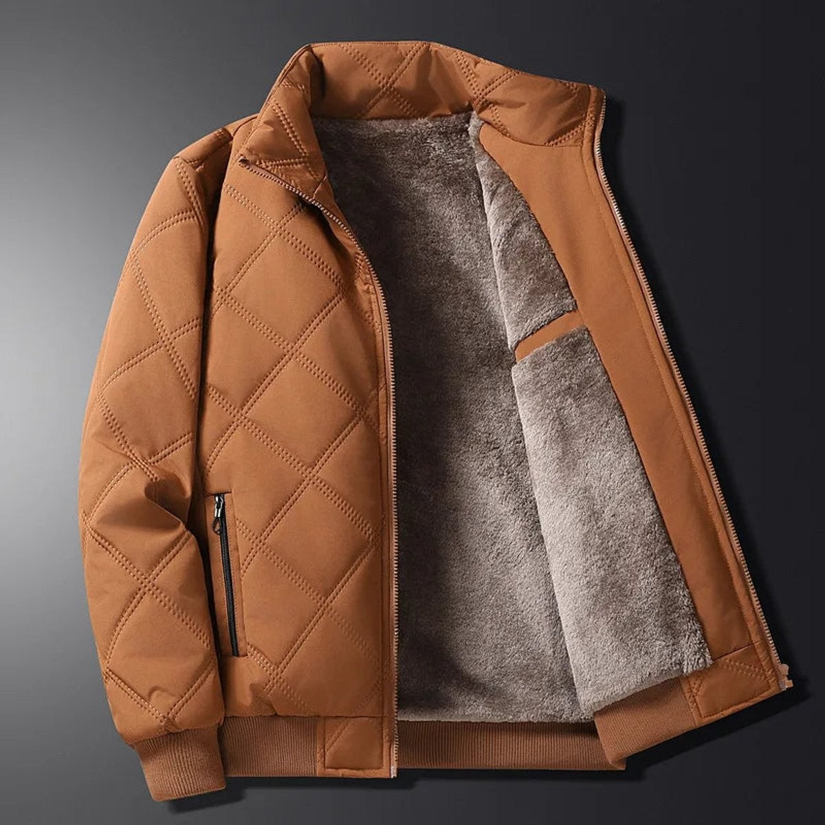 Rust brown quilted bomber jacket with warm fleece lining and zip pocket