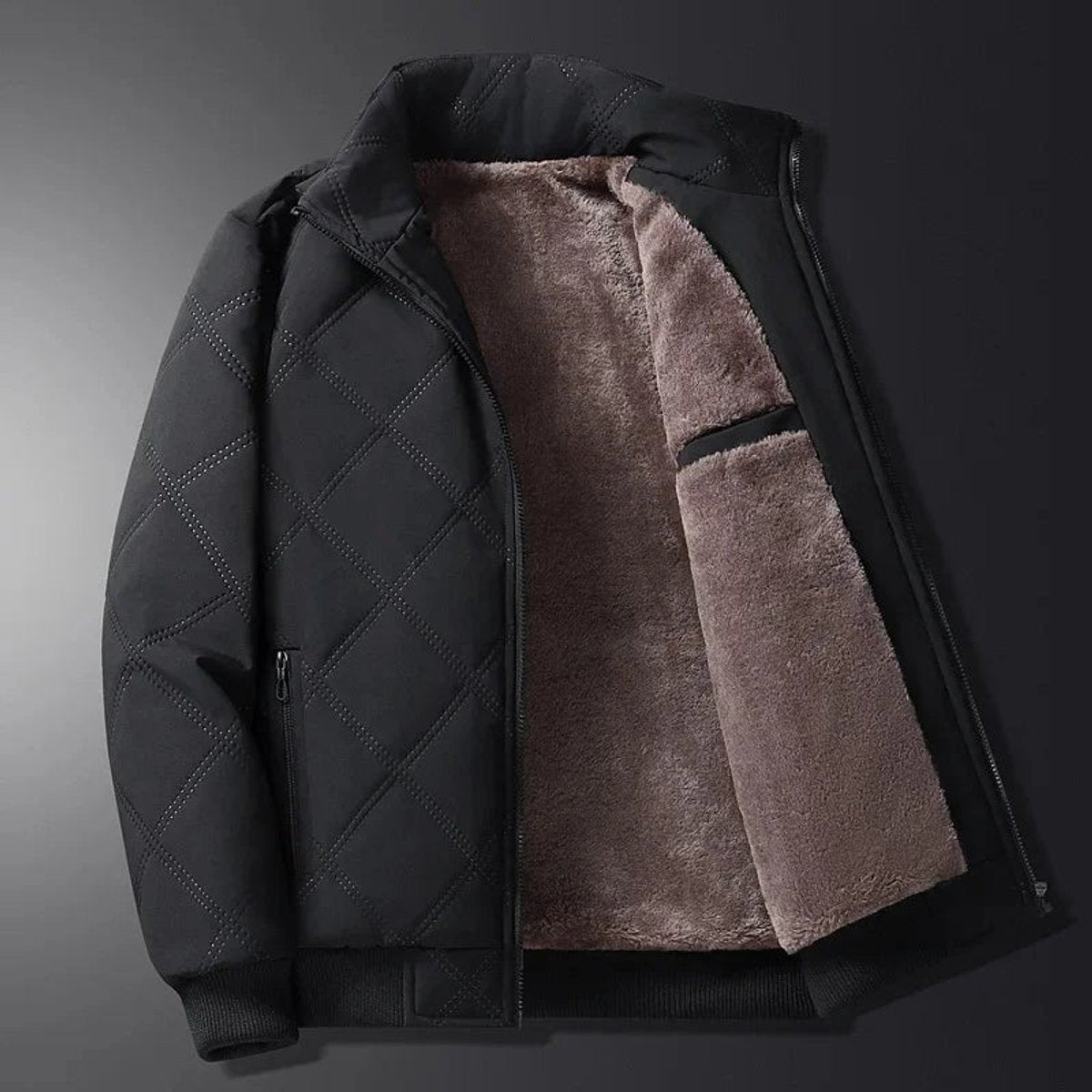 Black quilted bomber jacket with fleece lining and diamond-stitch detailing