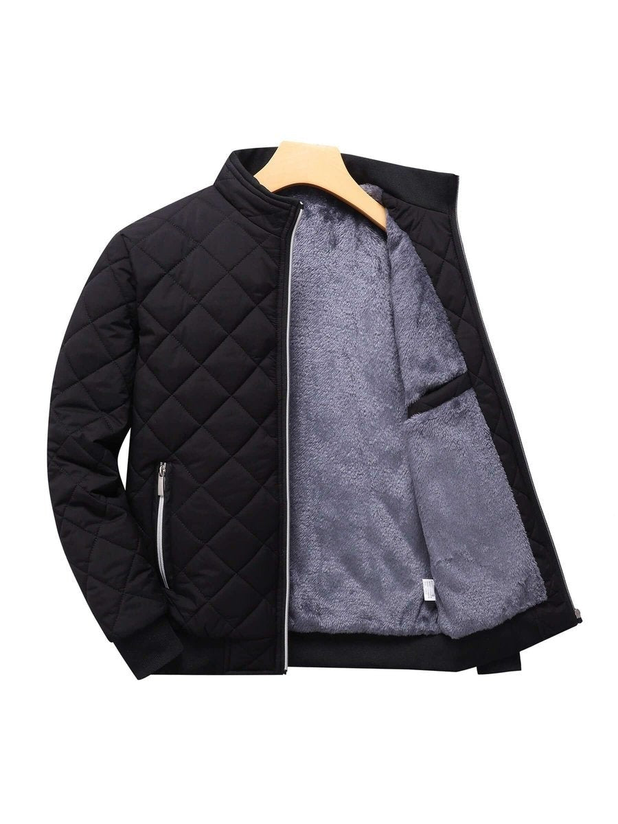 Black diamond-quilted bomber jacket open to reveal grey fleece lining