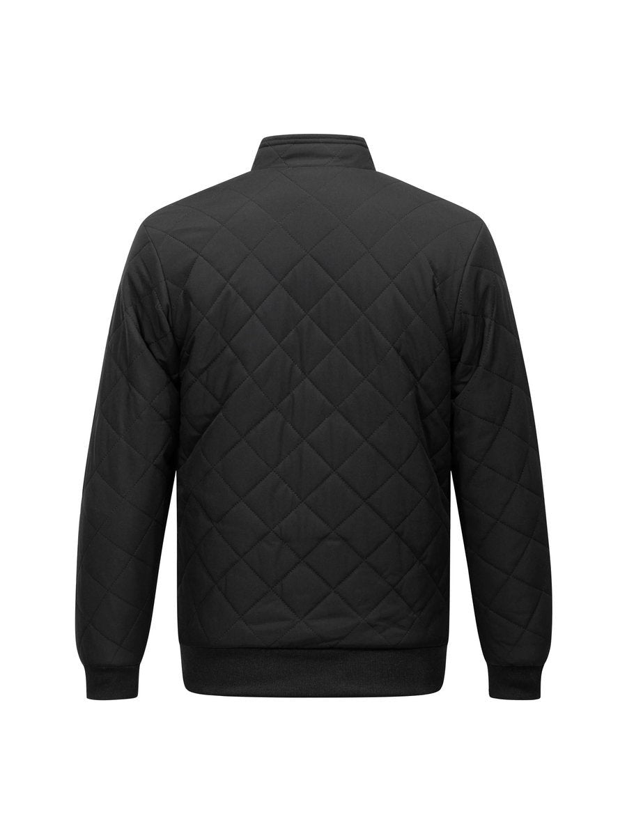 Rear view of black diamond-quilted bomber jacket with ribbed hem