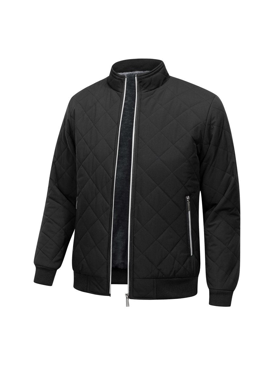 Black quilted bomber jacket with stand collar and zip pockets, front view