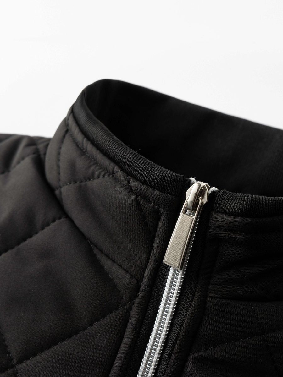 Close-up of black quilted jacket collar showing silver zip pull
