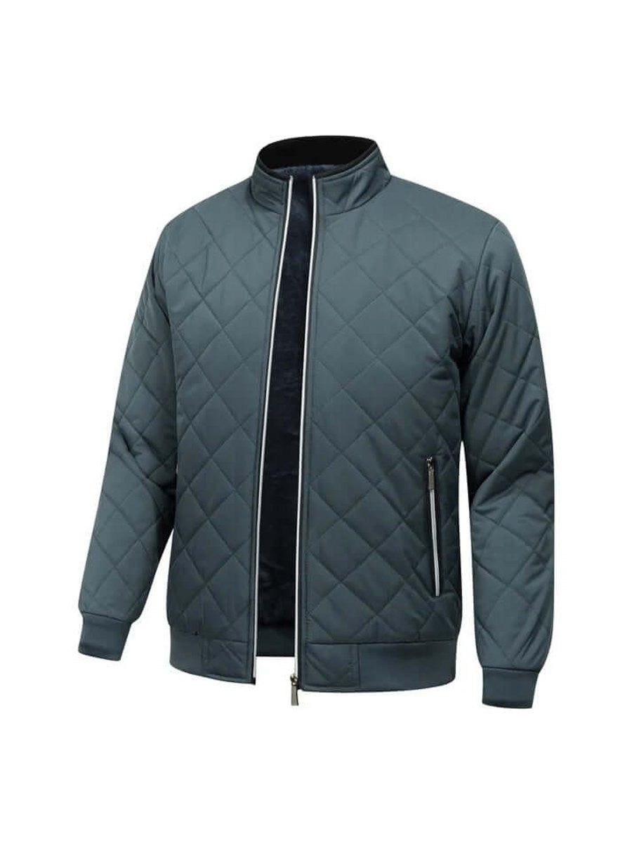 Dark teal quilted bomber jacket unzipped showing navy fleece lining