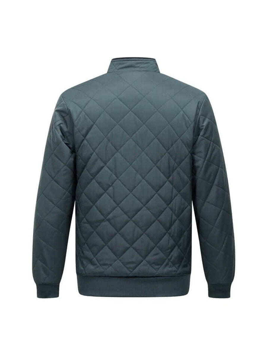 Rear view of dark teal diamond-quilted bomber jacket with ribbed cuffs