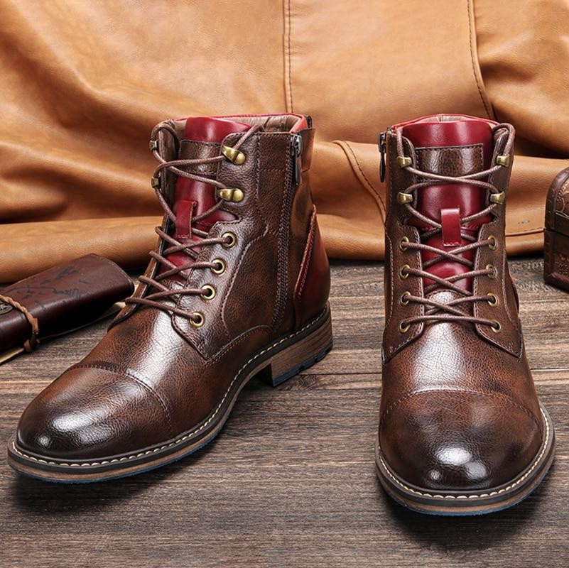 Brown leather lace-up ankle boots with burgundy trim and side zip fastening