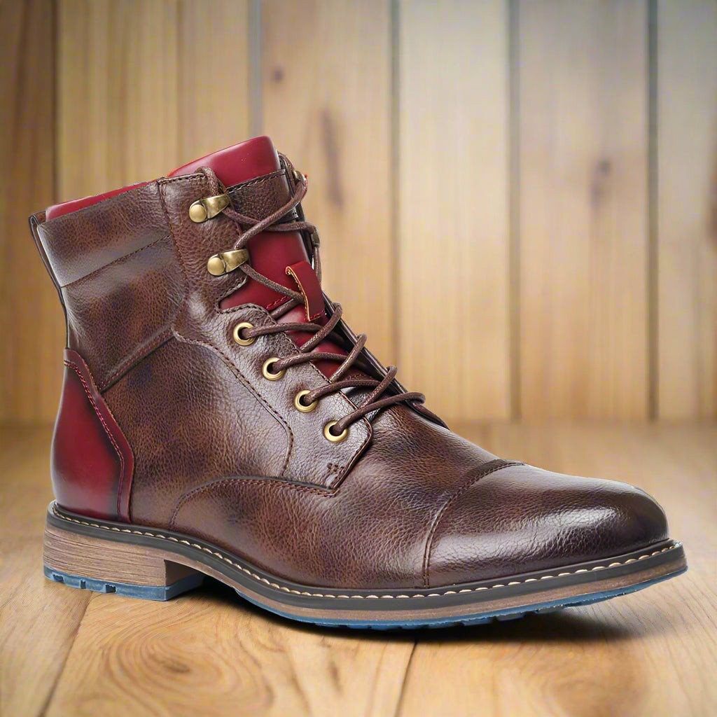 Cap-toe brown leather boot with burgundy panel and stitched wooden-effect heel