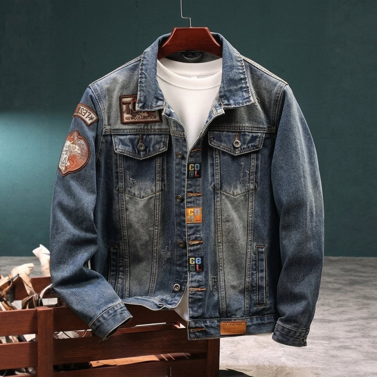 Men's blue denim trucker jacket with embroidered patches on hanger