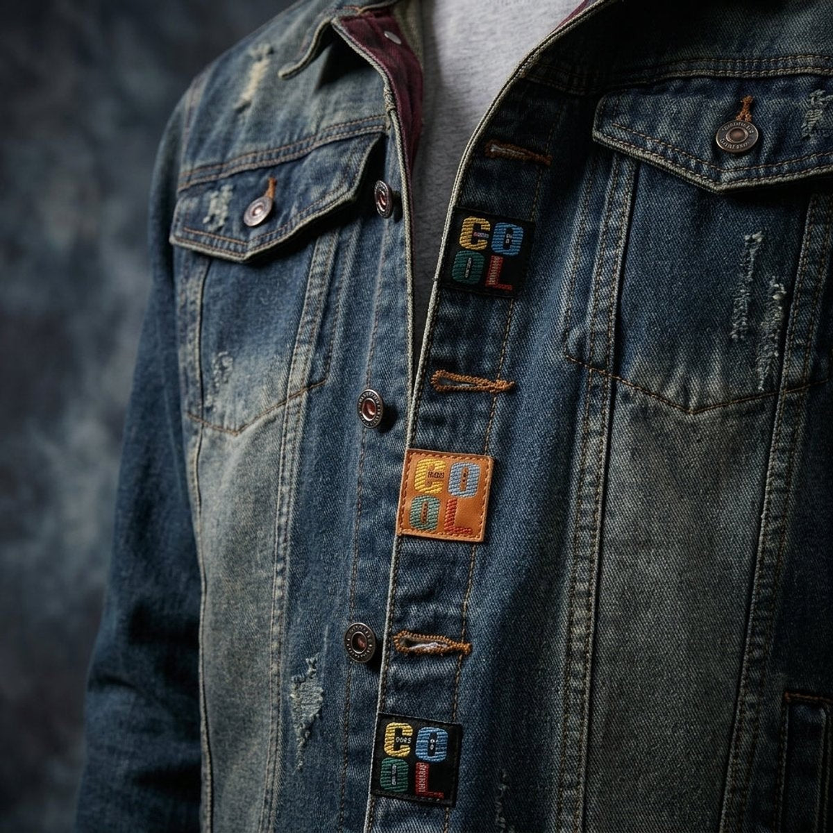 Detail of denim jacket buttons with colourful woven 'cool' tabs