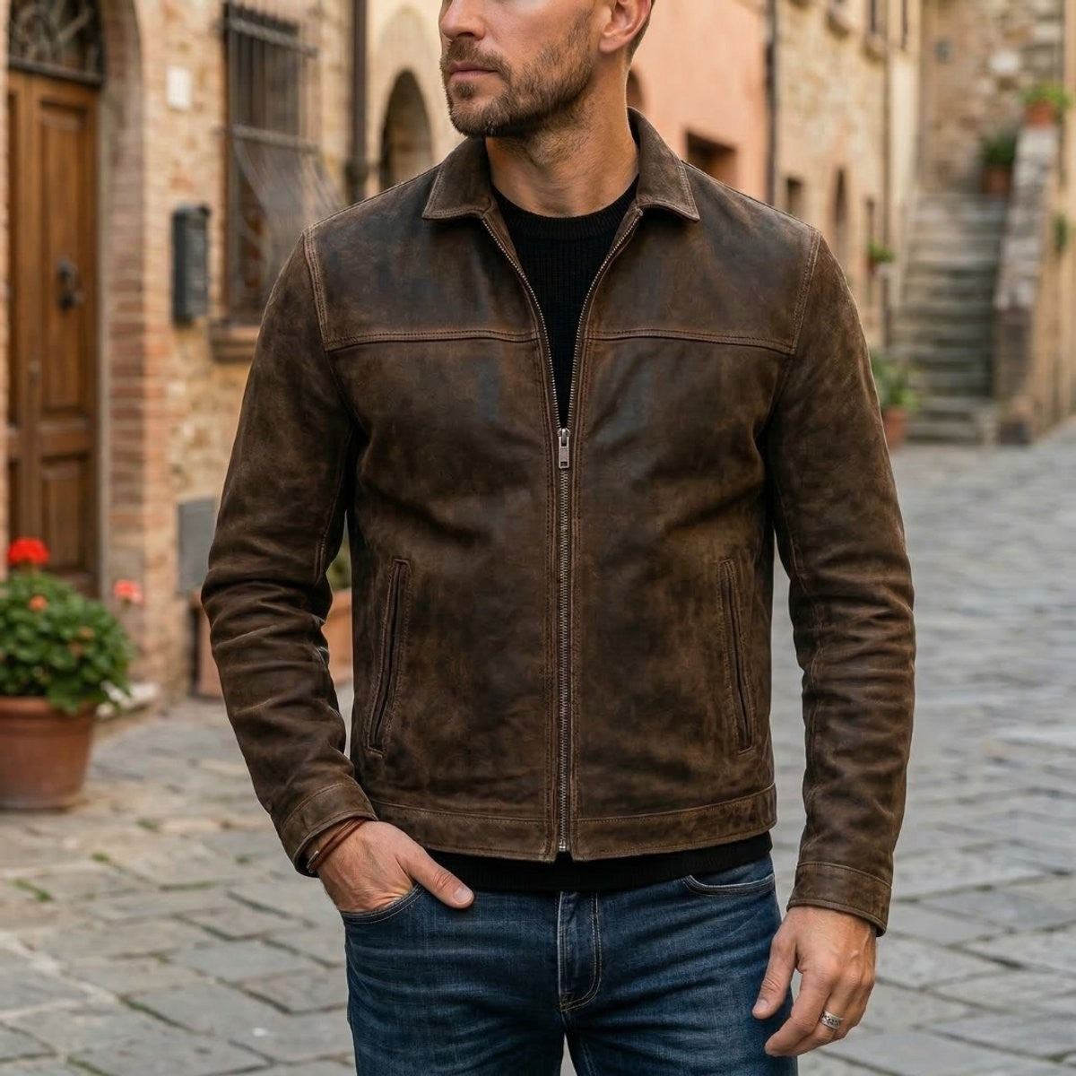 Man wearing distressed brown leather bomber jacket with zip fastening, styled with jeans