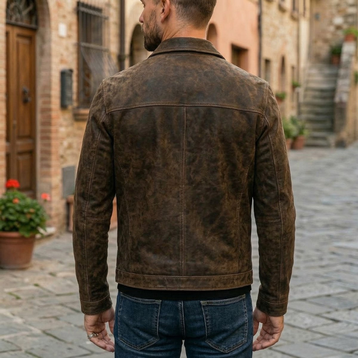 Rear view of distressed brown leather jacket showing fitted shoulder seams and collar