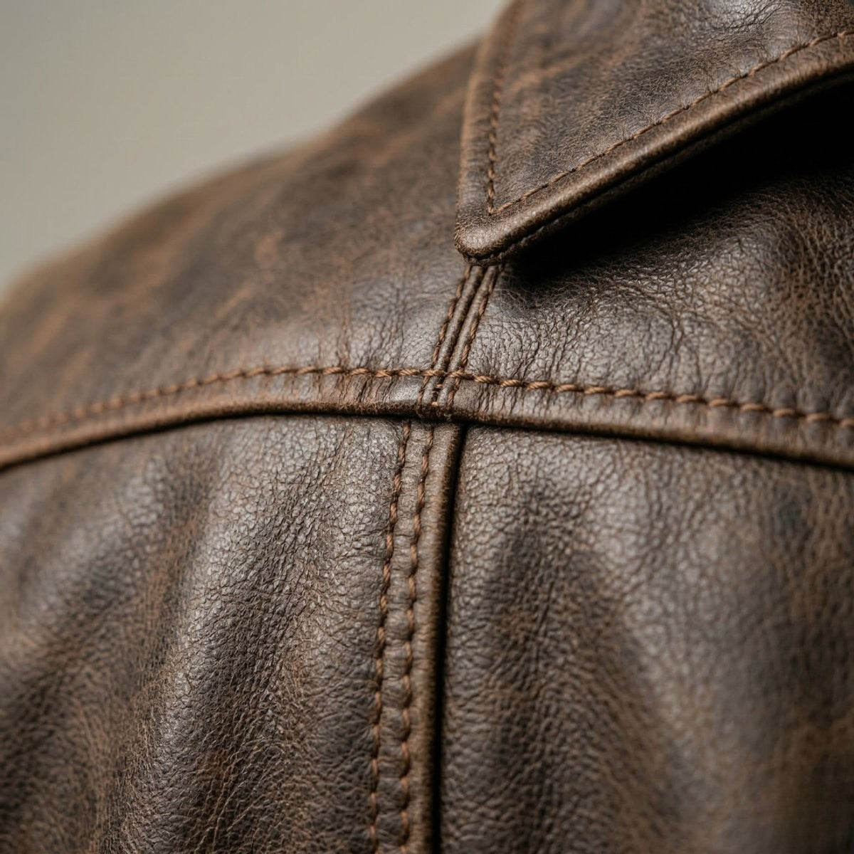 Close-up of distressed brown leather jacket collar showing stitched seam detailing