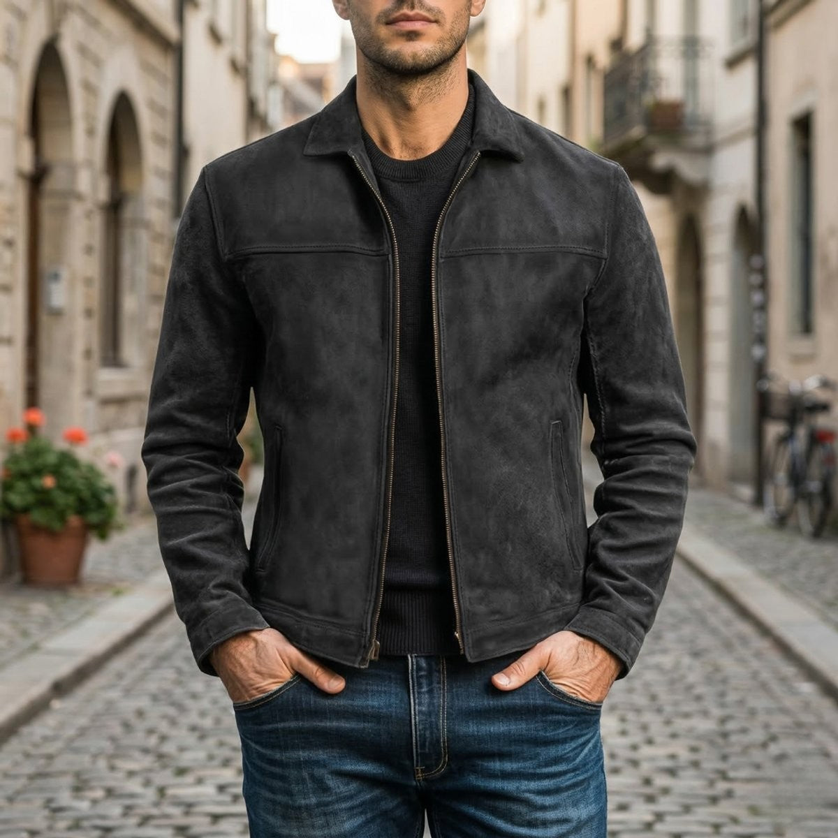 Man modelling fitted black suede bomber jacket with full-zip front and collar