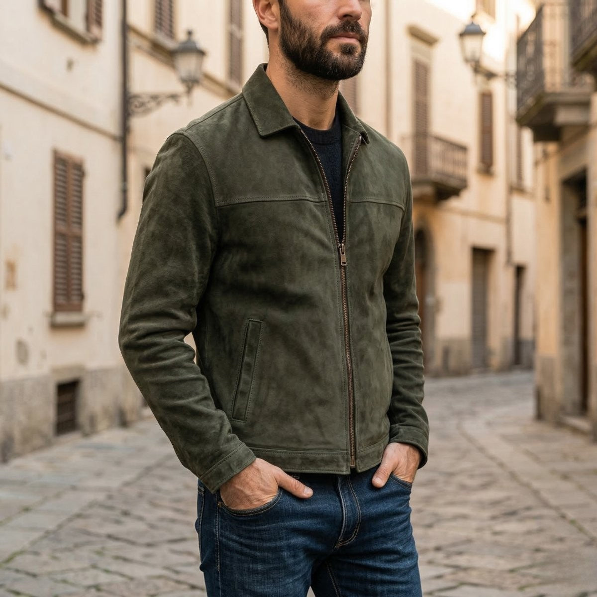 Man wearing olive green suede jacket with zip fastening on cobbled street