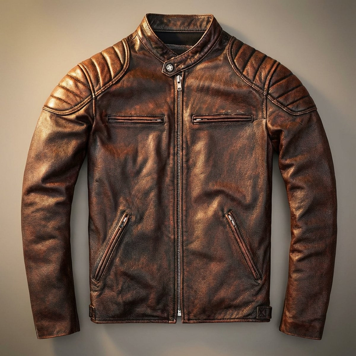 Men's distressed brown leather biker jacket with quilted shoulders and stand collar