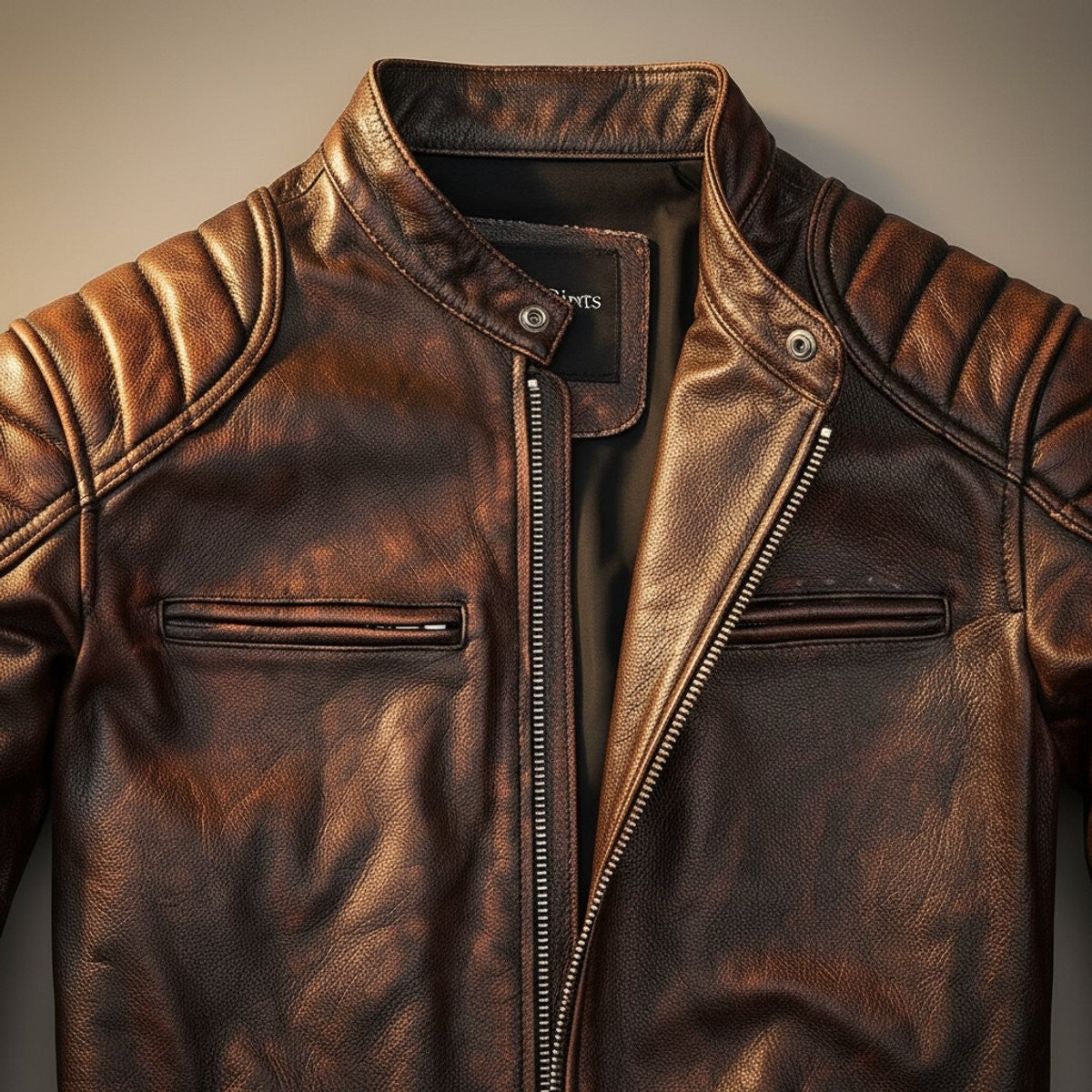 Close-up of tan leather biker jacket showing zip pockets and stitched collar detail