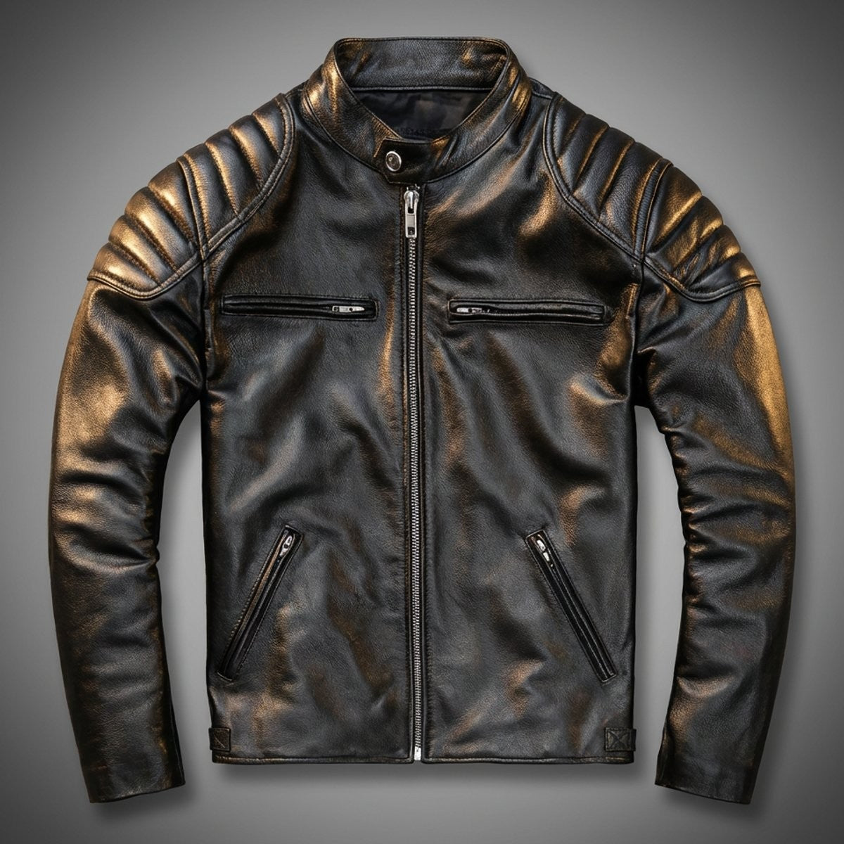 Men's black leather biker jacket with quilted shoulder panels and silver zip fastening