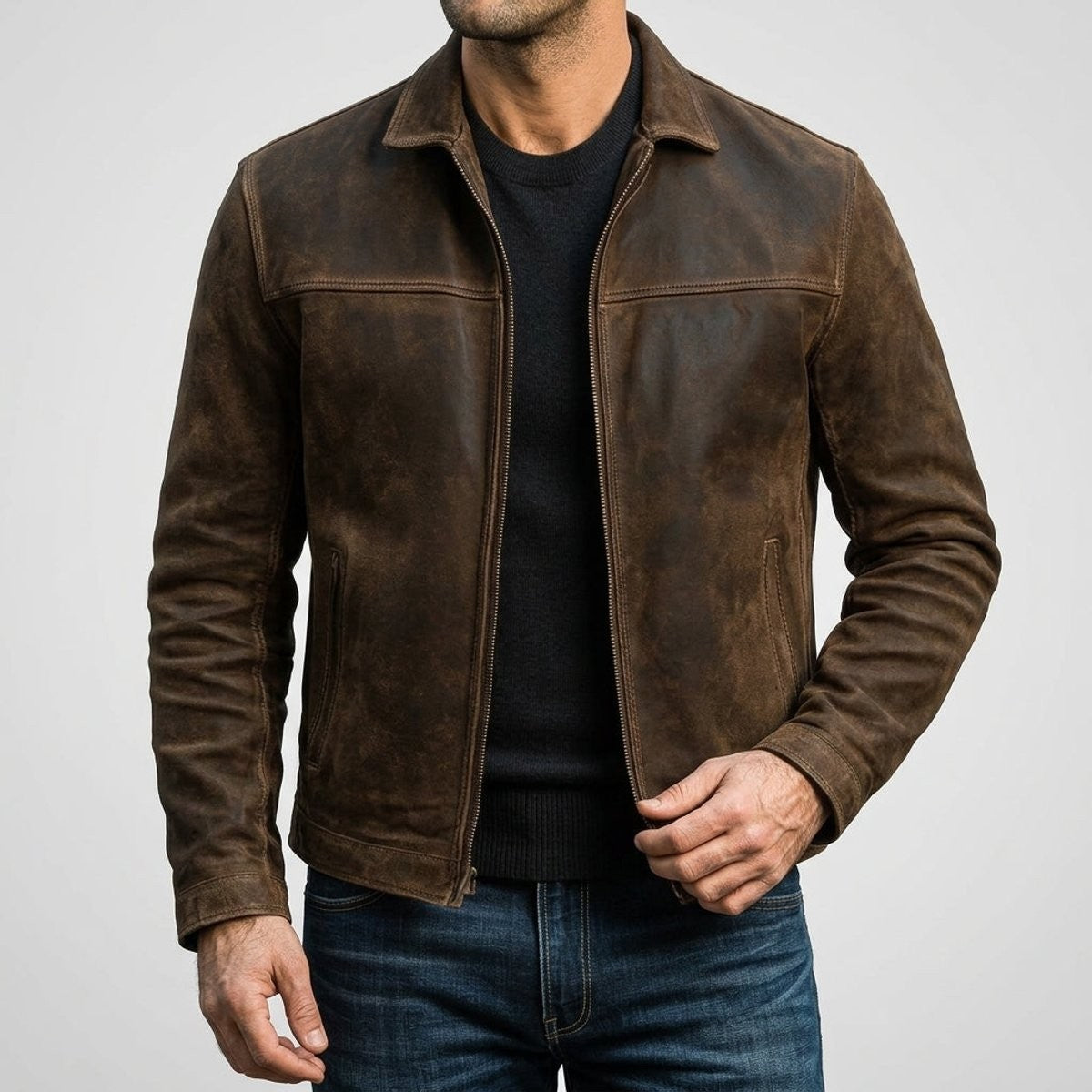 Distressed brown leather bomber jacket worn with a zip-up front and collar