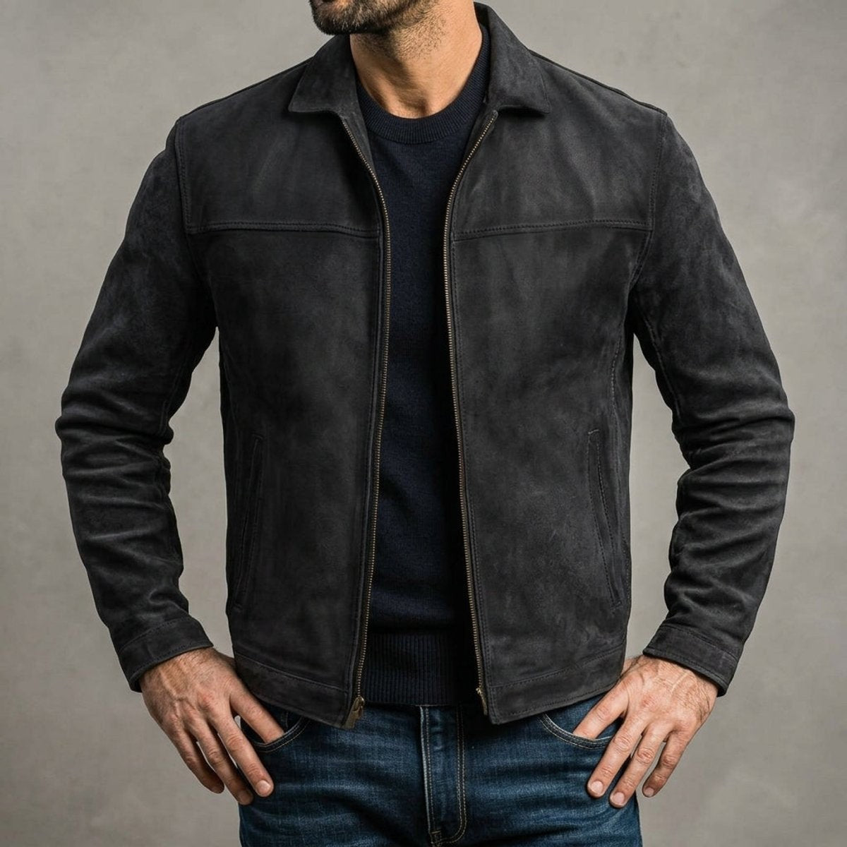 Slate grey suede leather jacket styled with an open zip and shirt collar
