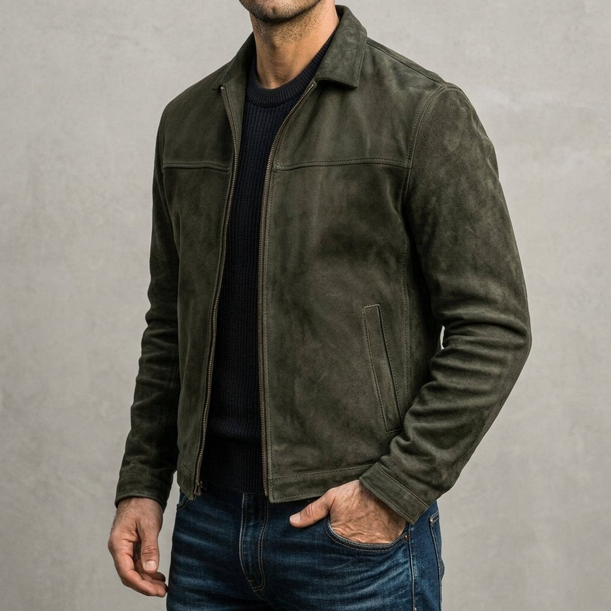 Olive green suede leather jacket featuring a point collar and zip fastening