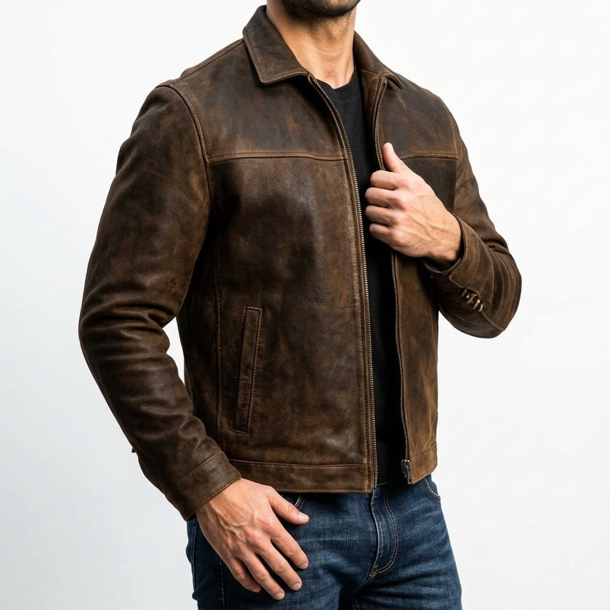 Side view of distressed brown leather jacket showing zip-up front and slim cuffs