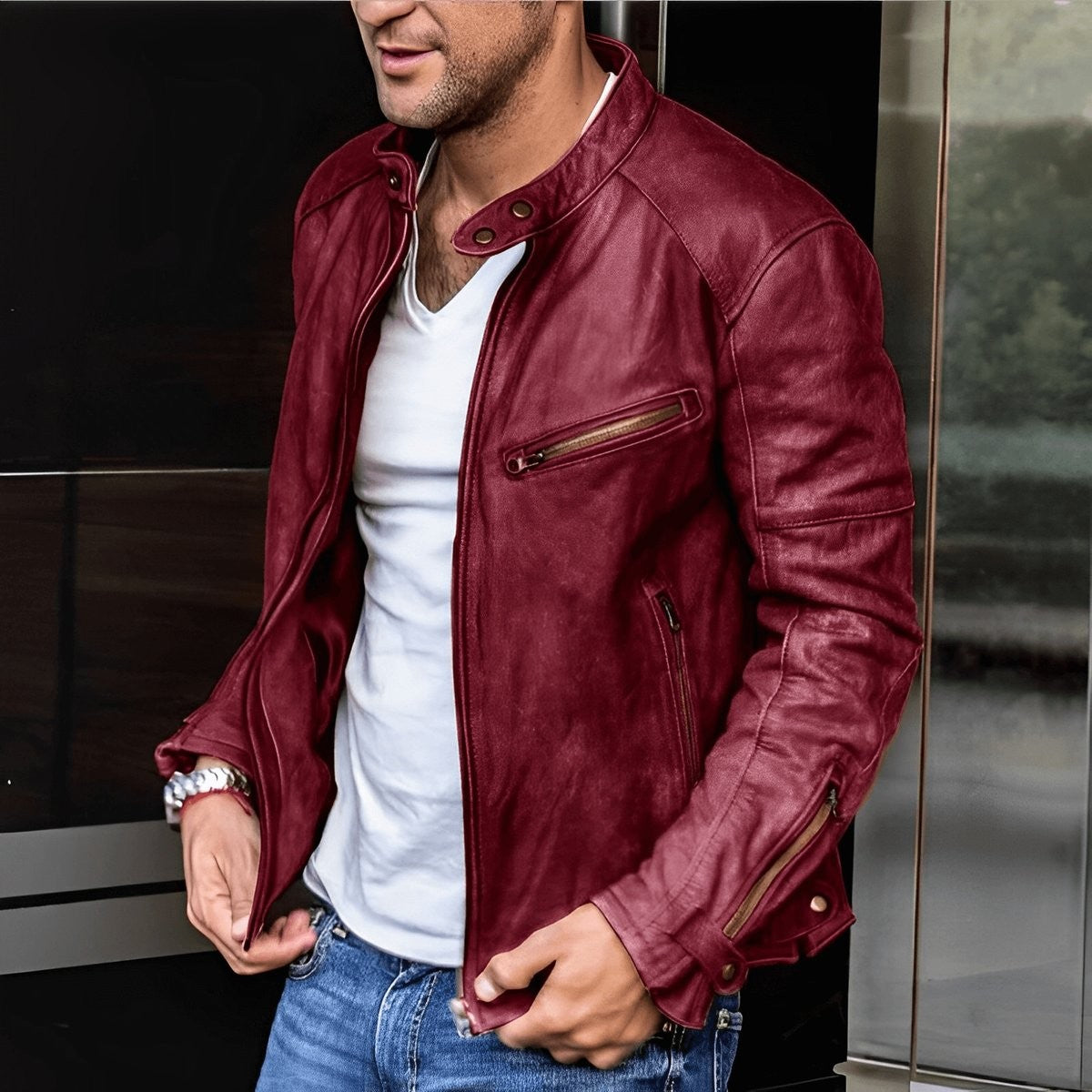 Burgundy leather zip-up moto jacket worn over casual white top