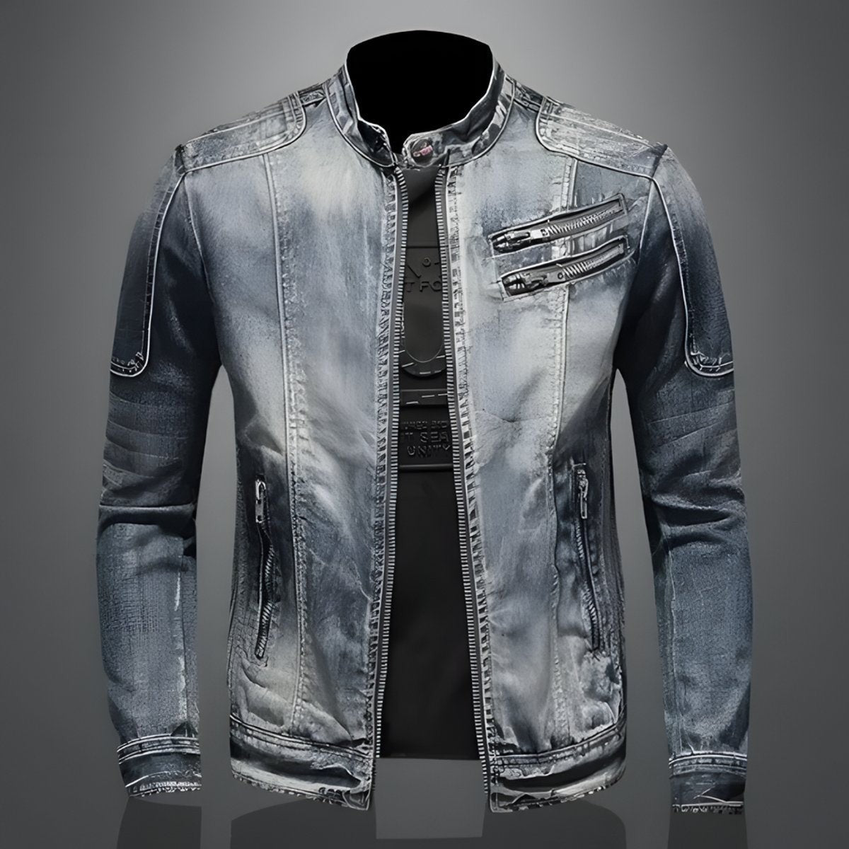 Men's grey vintage wash denim bomber jacket with stand collar and zip pockets
