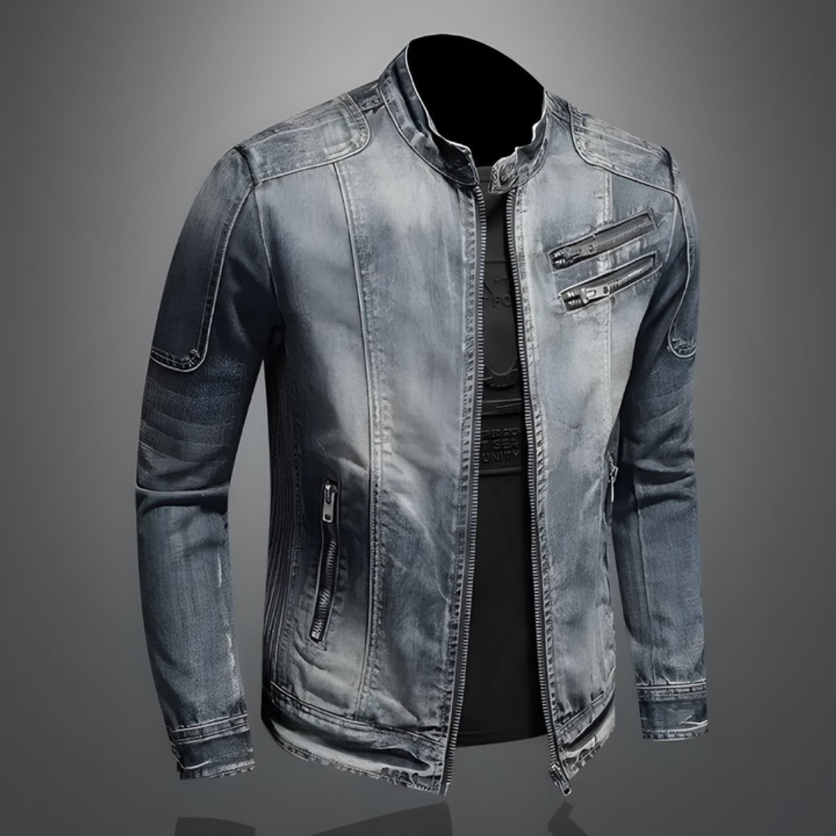 Tailored fit distressed denim jacket shown at an angle, front zip fastening