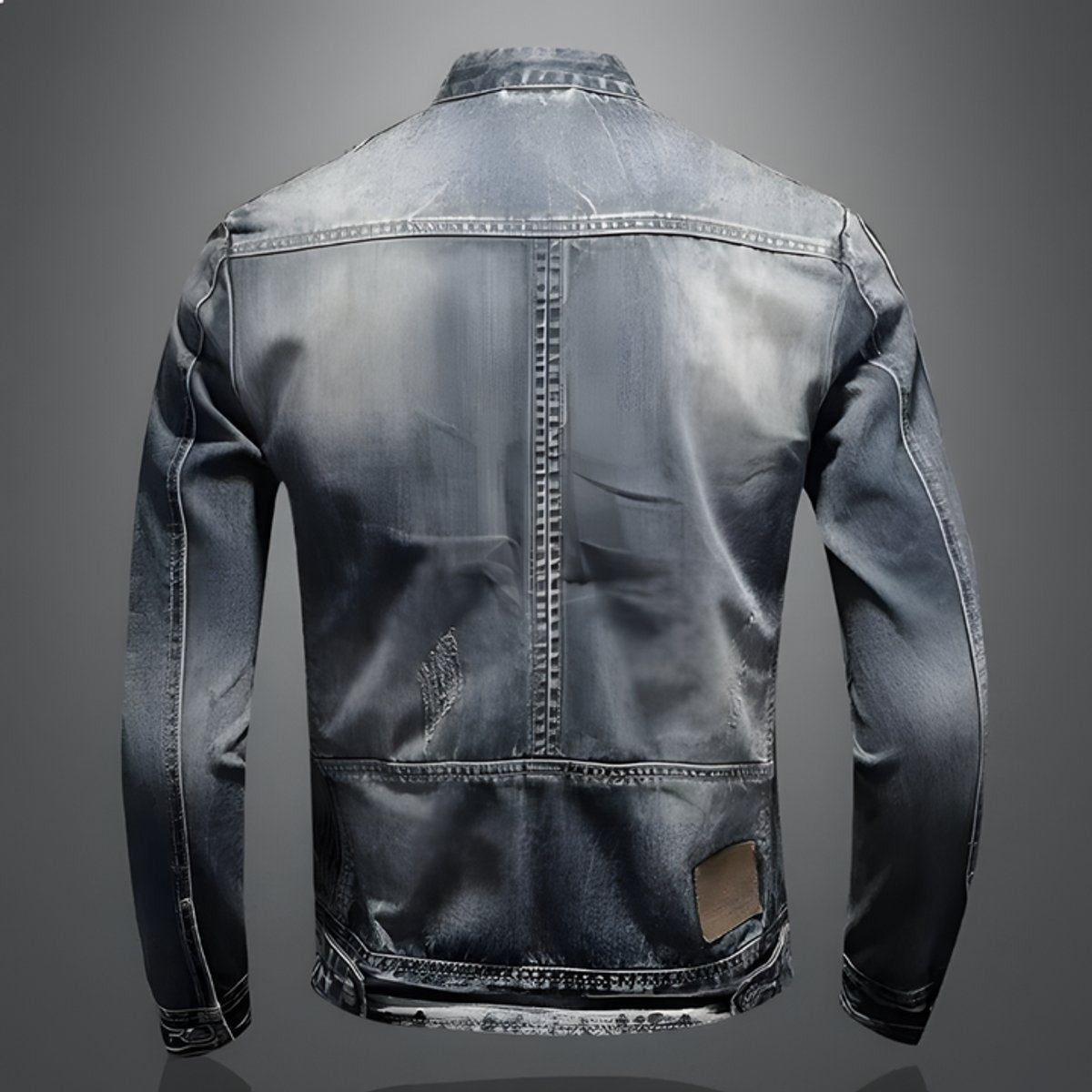 Back view of vintage wash denim bomber jacket showing tailored seam detailing