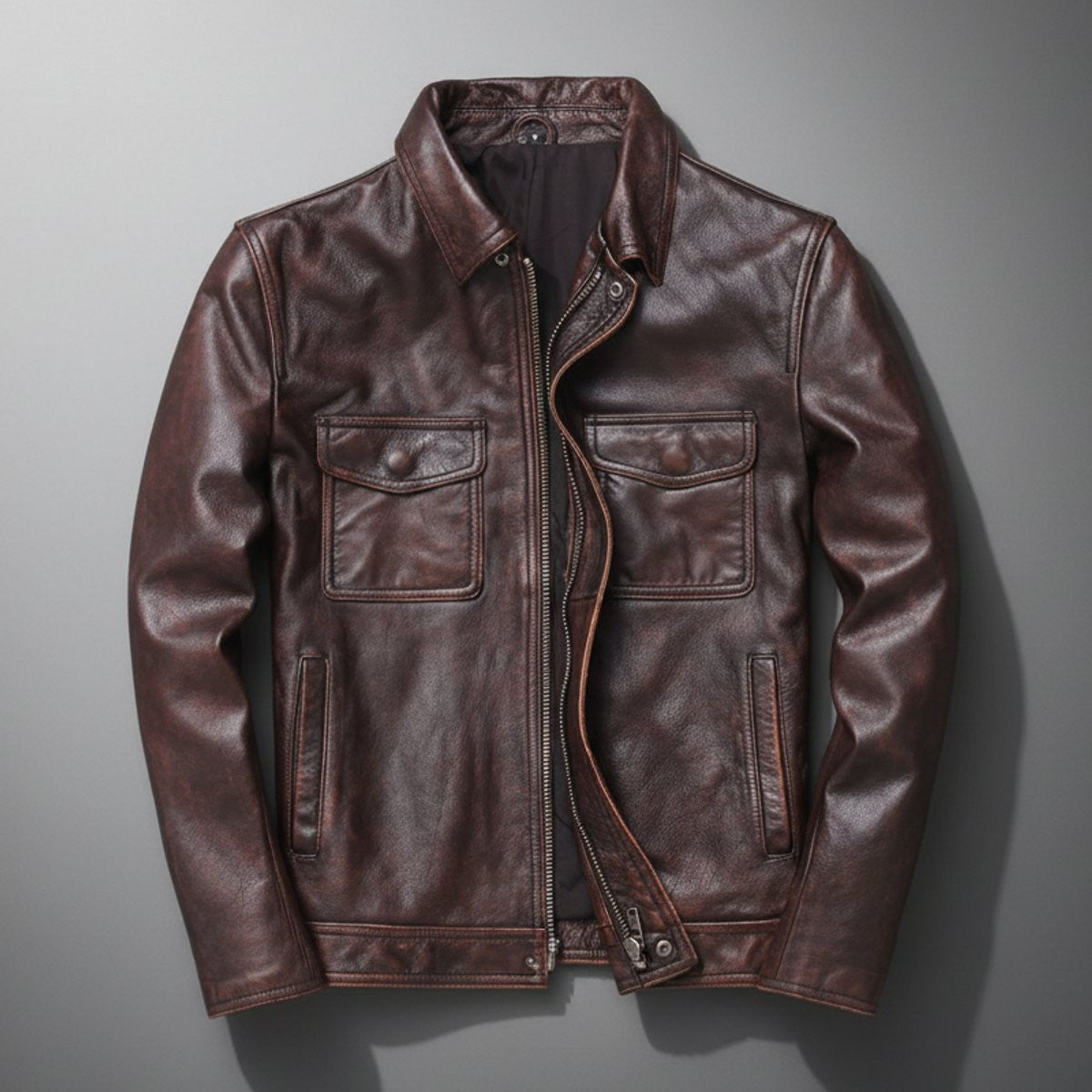Brown leather bomber jacket with twin chest pockets and zip fastening