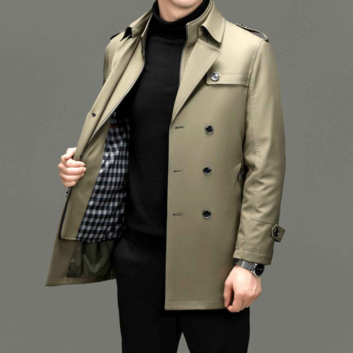Khaki trench coat open to reveal checked inner lining and zip