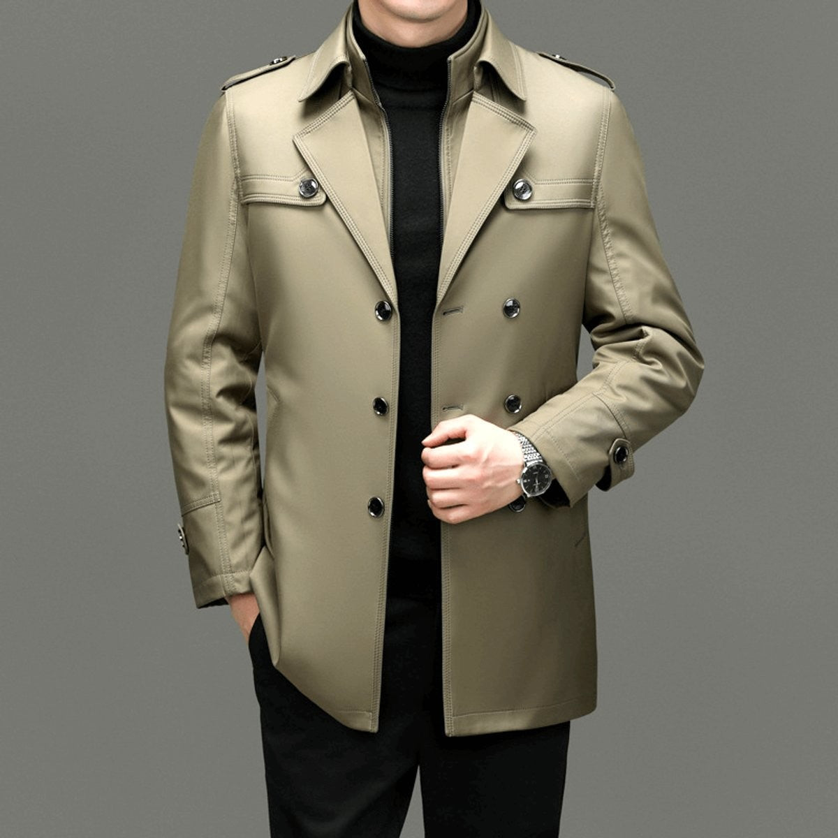 Front view of khaki double-breasted trench coat with notched lapel collar