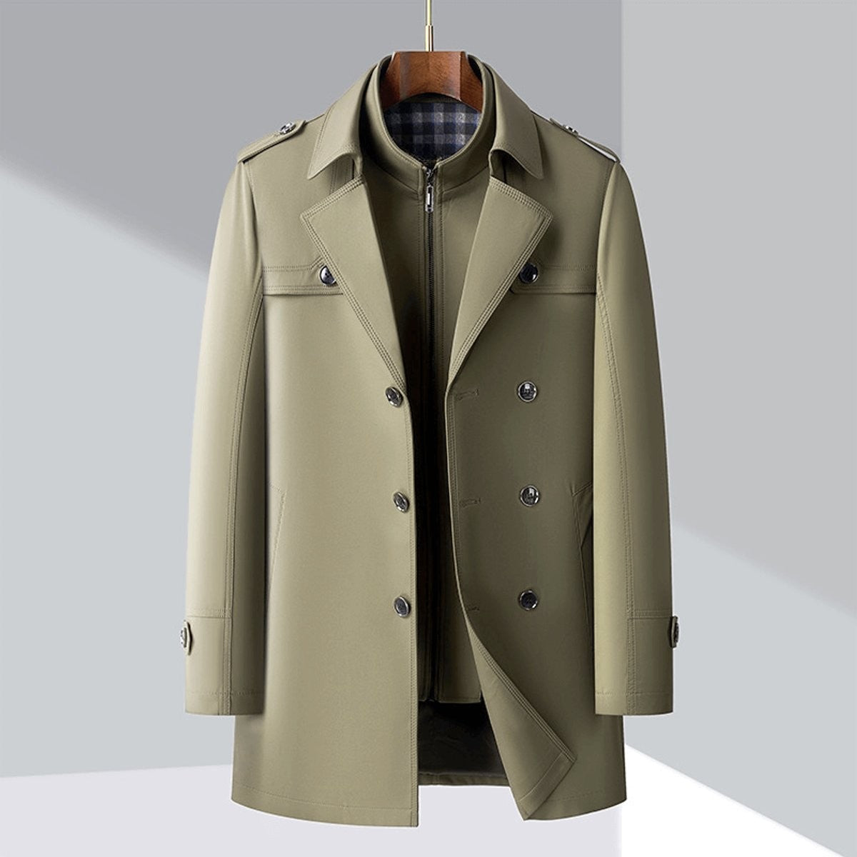 Khaki trench coat back view showing belted waist and buttoned strap