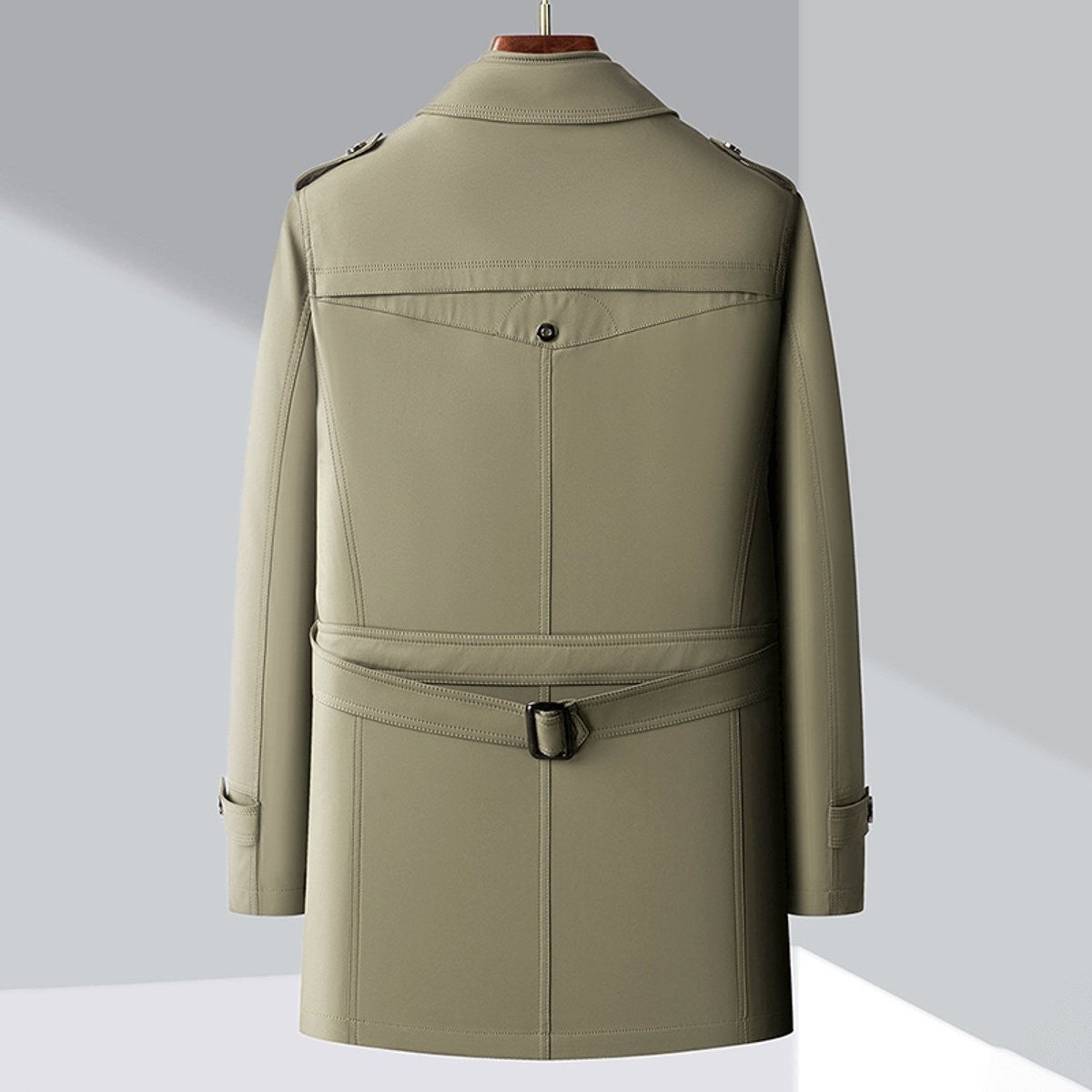 Black double-breasted trench coat displayed on wooden hanger