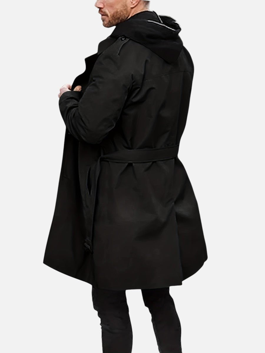 Black trench coat with hood, back view showing tailored fit