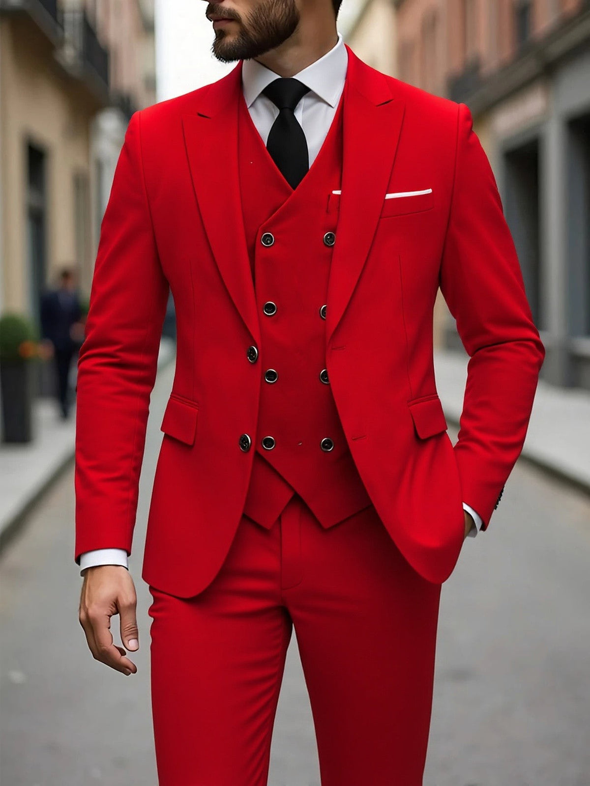 Red three-piece suit with double-breasted waistcoat and peak lapel blazer