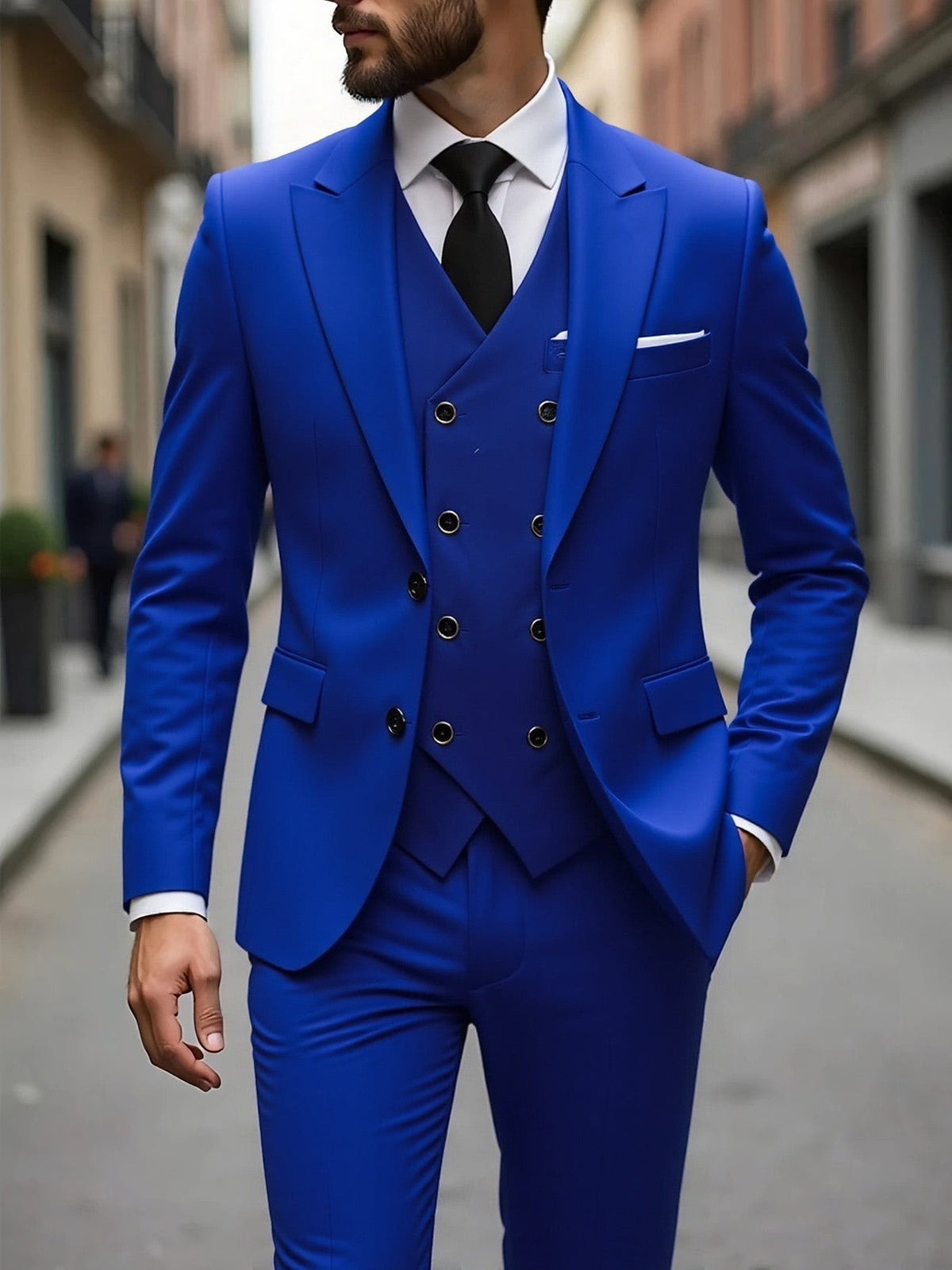 Royal blue three-piece suit with double-breasted waistcoat and gold-tone buttons