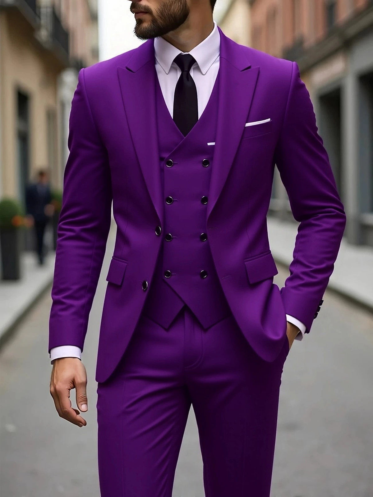 Purple three-piece suit with double-breasted waistcoat and peak lapel jacket