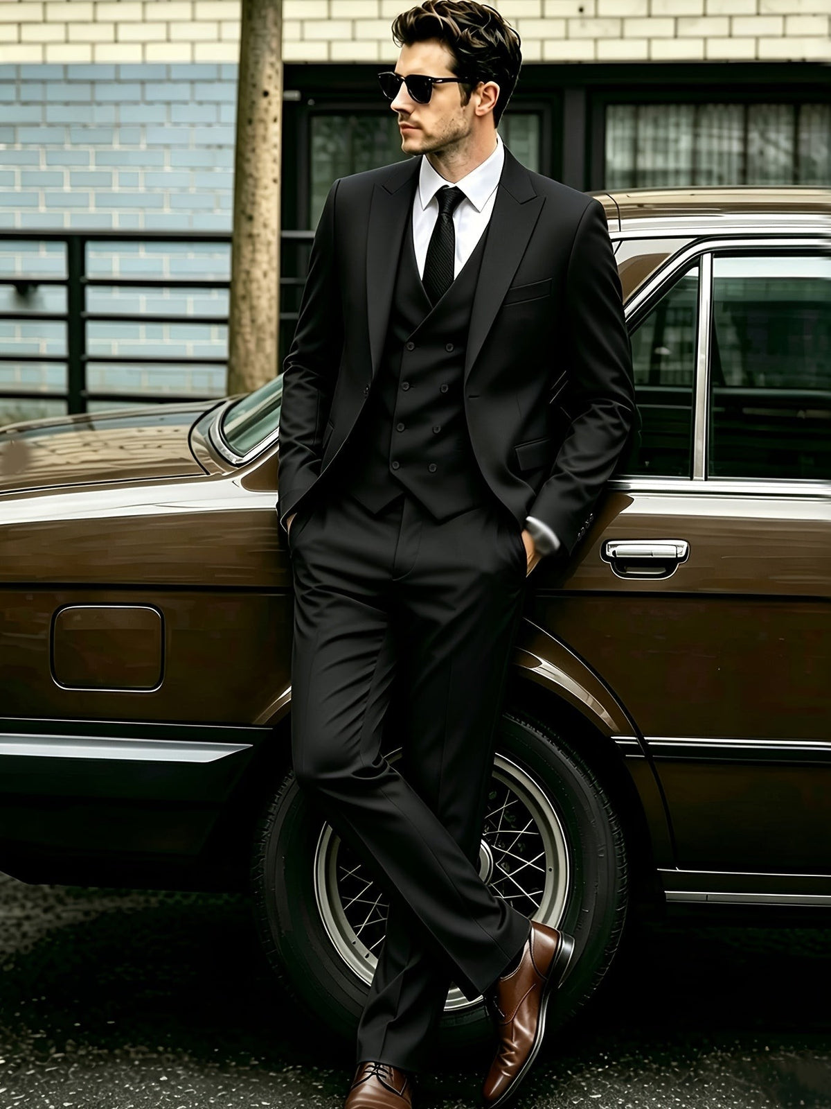 Man in black three-piece suit leaning against vintage car with brown leather shoes