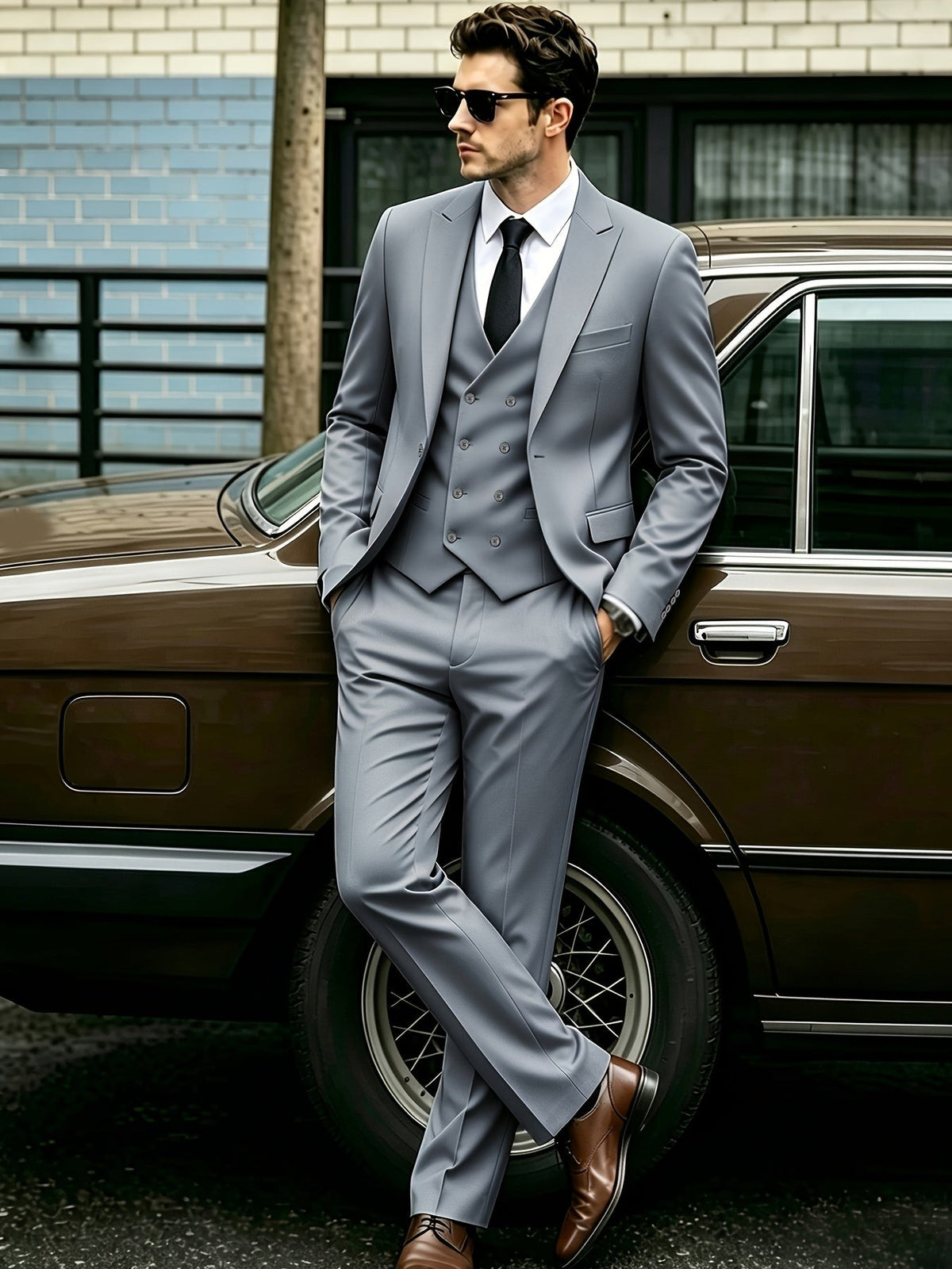 Man leaning against vintage car in grey three-piece suit with double-breasted waistcoat