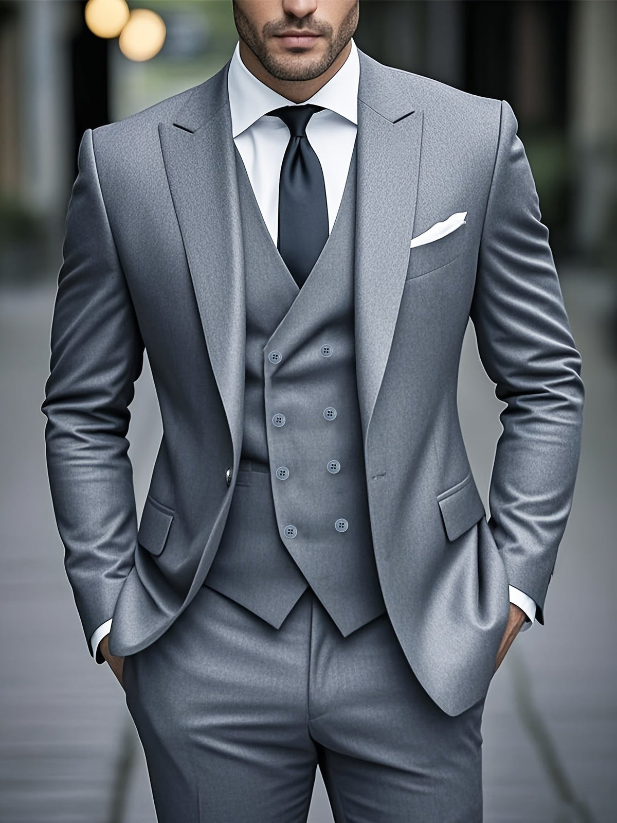 Close-up of grey peak lapel blazer and double-breasted waistcoat with black tie