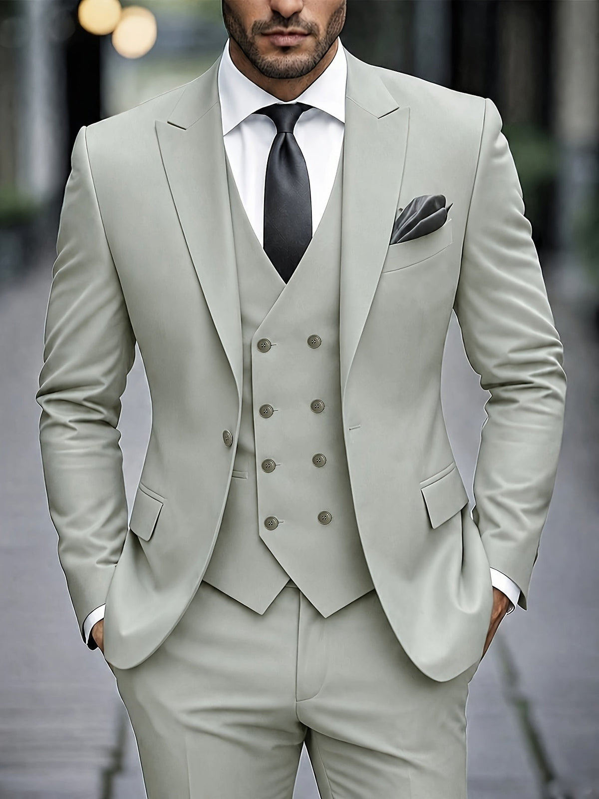 Sage green three-piece suit with double-breasted waistcoat and peak lapel jacket